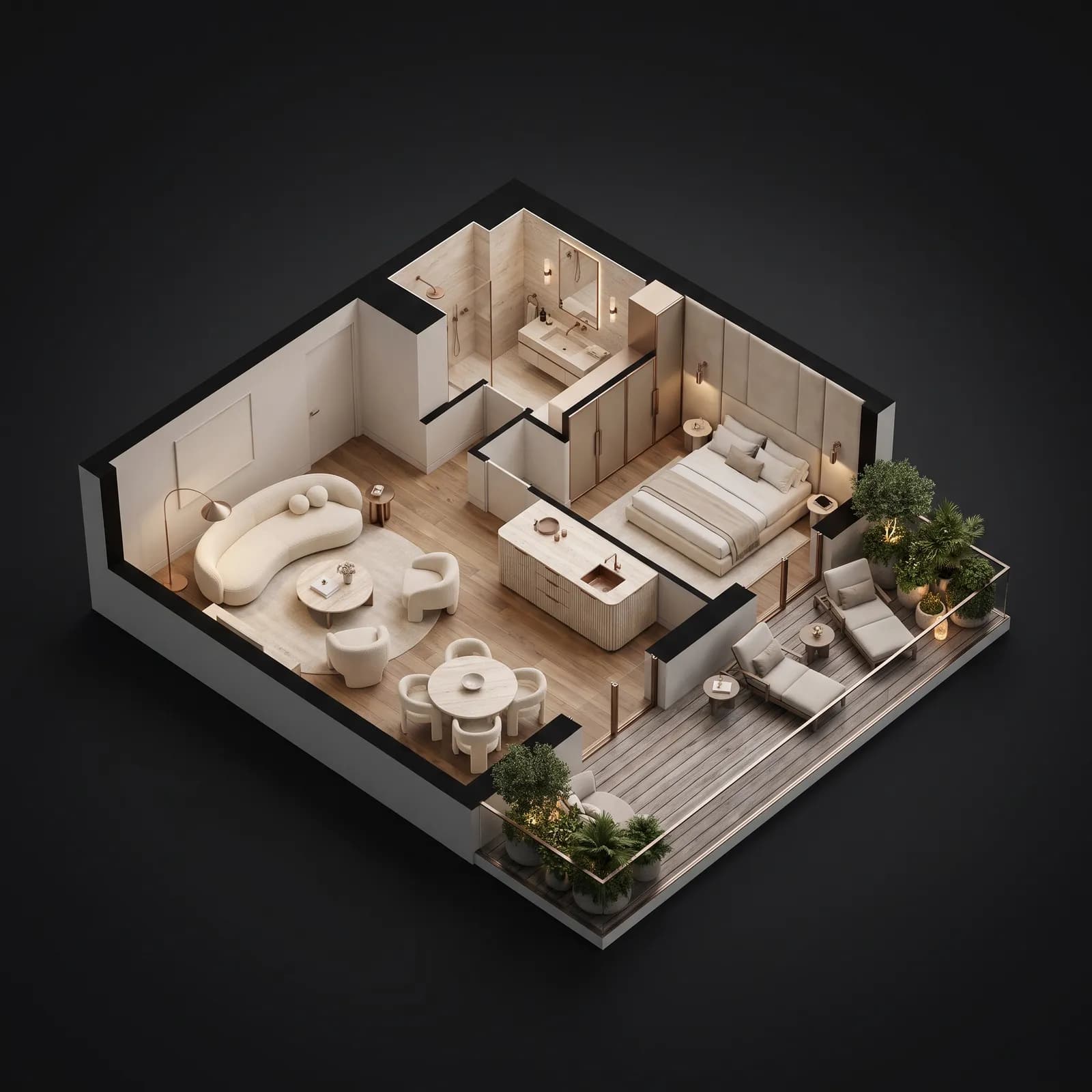 Planta humanizada isométrica do apartamento Garden de 78 m²: living integrado, suíte, cozinha em ilha e terraço garden com deck e vegetação.