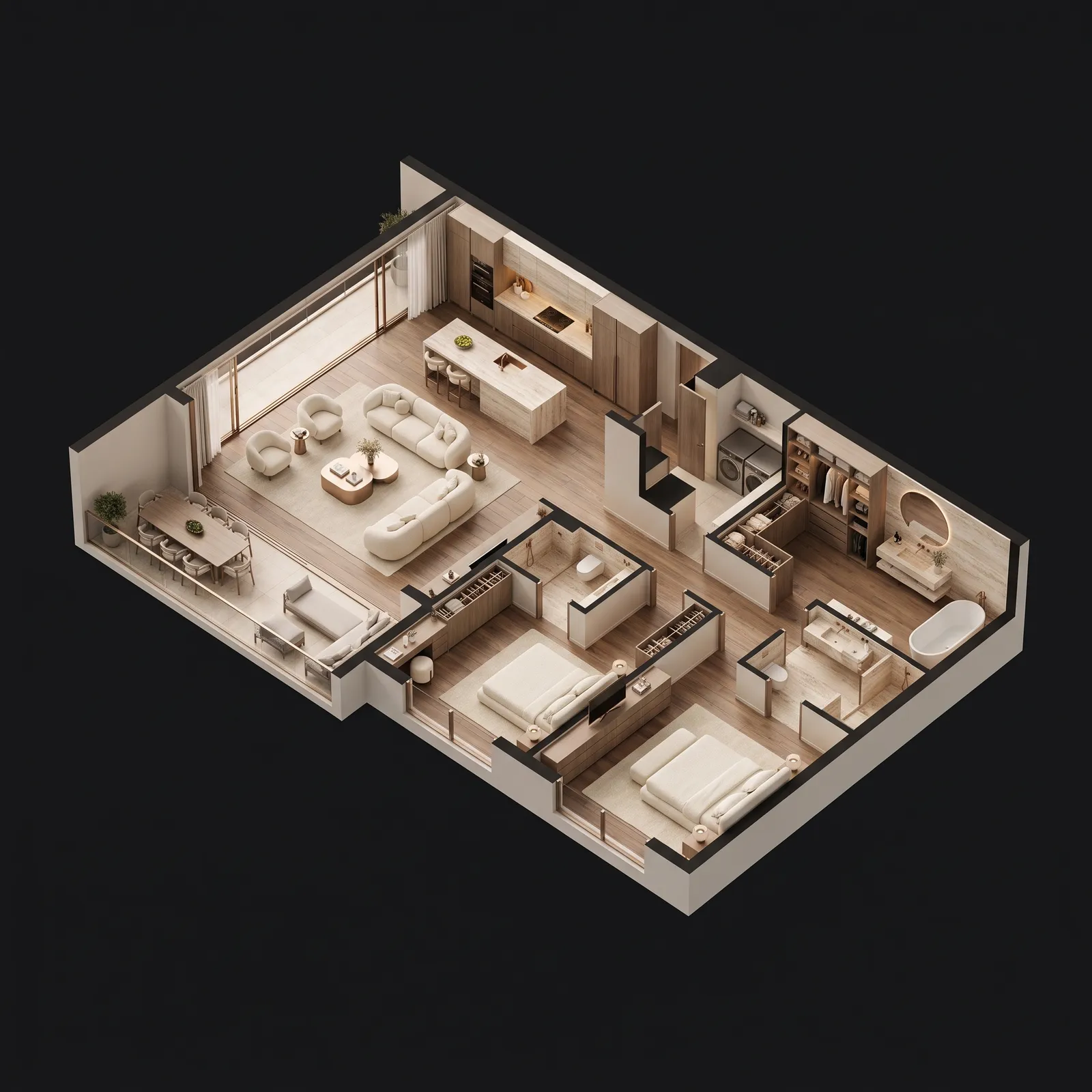 Planta humanizada isométrica do apartamento Panorama de 143 m²: living de vão livre, três suítes e varanda panorâmica em L.