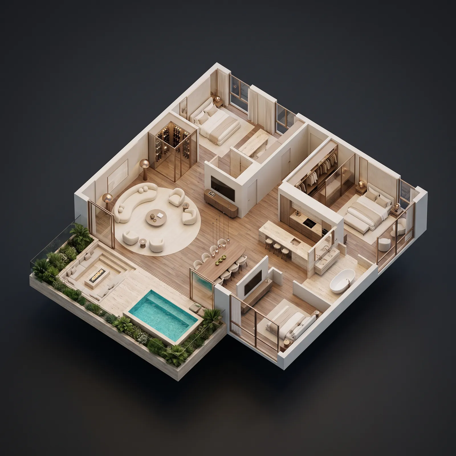 Planta humanizada isométrica da Penthouse de 210 m²: living de pé-direito duplo, quatro suítes e terraço privativo com spa.